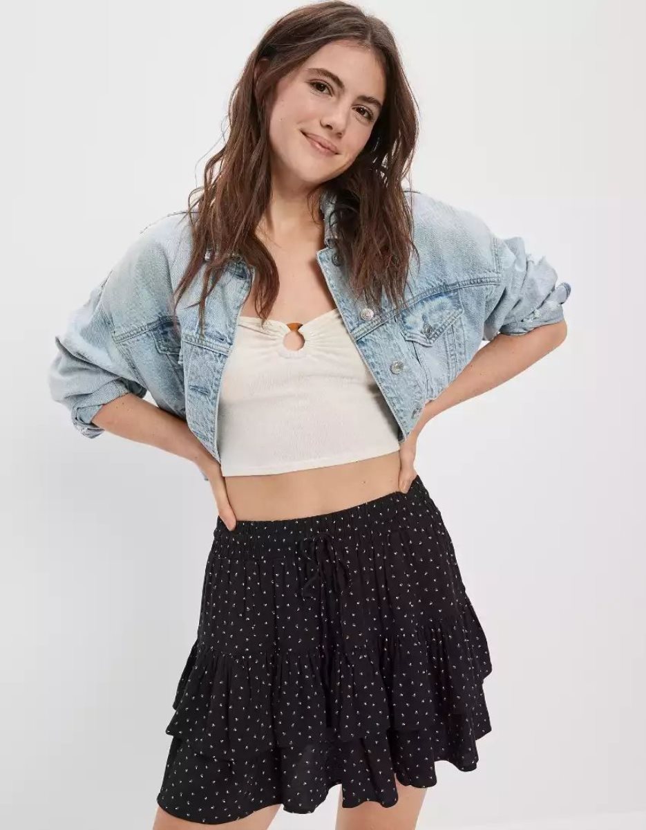 Jupes American Eagle AE Tiered Ruffle Tie-Taille Floral Mini Noir Femme | AEI-31586279